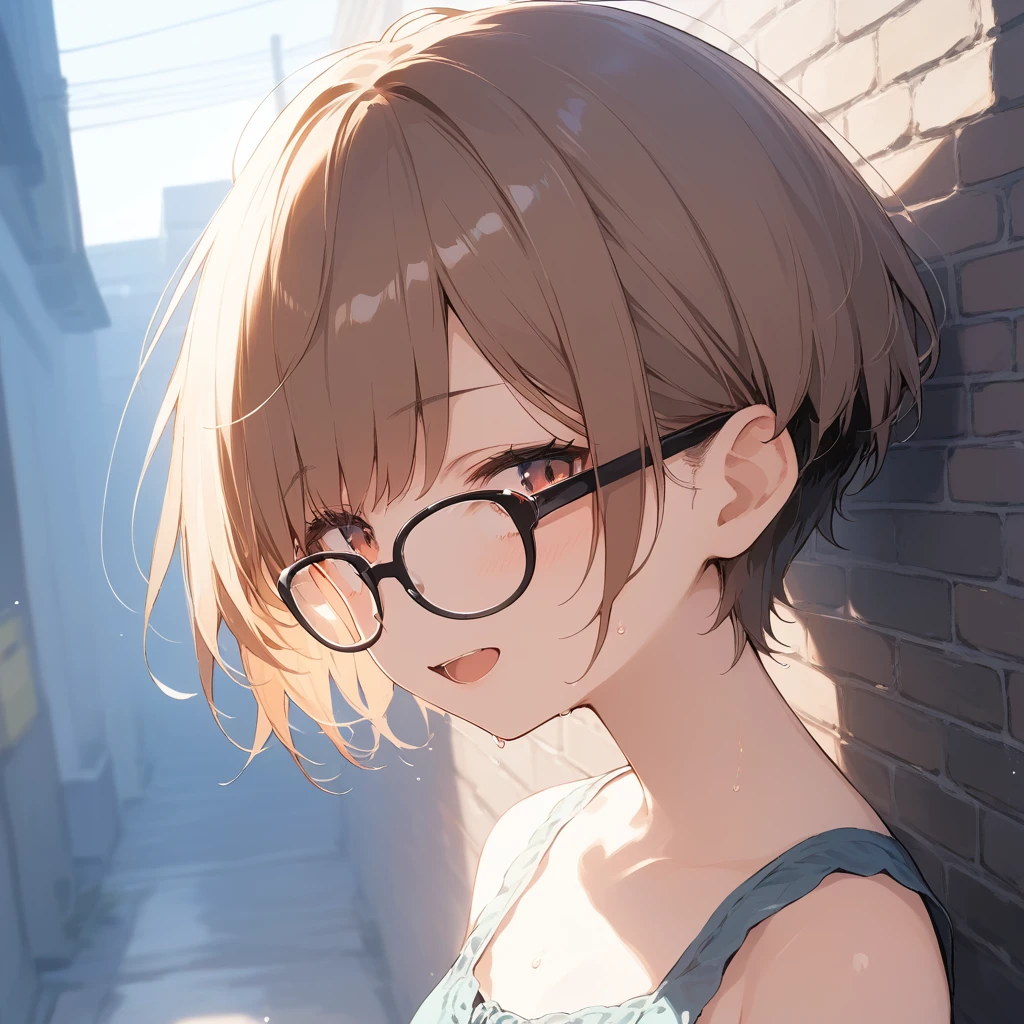 score_9, score_8_up, score_7_up, source_anime, best quality, masterpiece, official art, absurdres, highres, ultra-detailed,waifu2x,Collection: Slice of Life,break,1girl, very short hair,pixie cut, long bangs, glasses, small breasts, skirt, sweat, open mouth, outdoors, summer, break,(clear line illustration:1.2),very high resolution, very aesthetic, super detailed skin, Best sexual lighting powered by famous artist, 8k,cute picture,beauty illustration,photoshop_(medium),,(Detailed Lighting),best anime 8k konachan wallpaper, pixiv contest winner, 