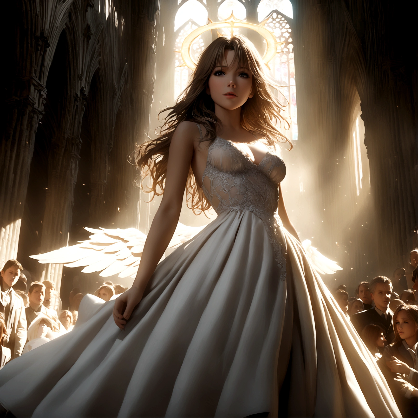 angel, Kate Beckinsale, age 25, platinum blonde hair, halo, large pair of white wings, sheer silk dress, holy corona, majestic pose, cathedral, crowded, intricate details, cinematic lighting, dramatic, photorealistic, 8k, masterpiece