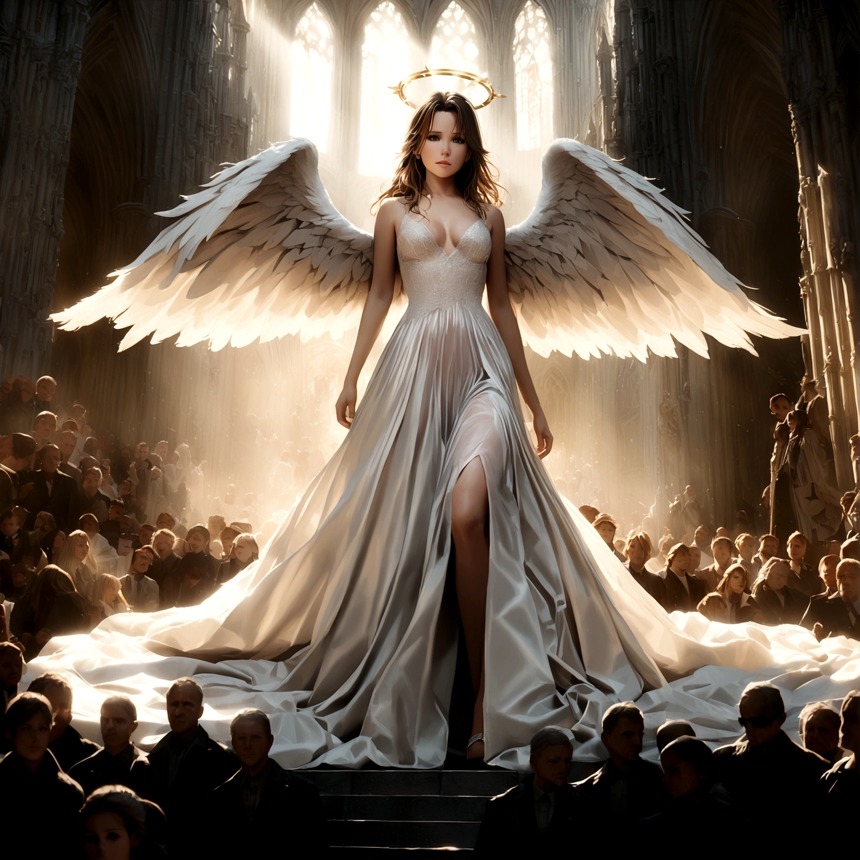 angel, Kate Beckinsale, age 25, platinum blonde hair, halo, large pair of white wings, sheer silk dress, holy corona, majestic pose, cathedral, crowded, intricate details, cinematic lighting, dramatic, photorealistic, 8k, masterpiece