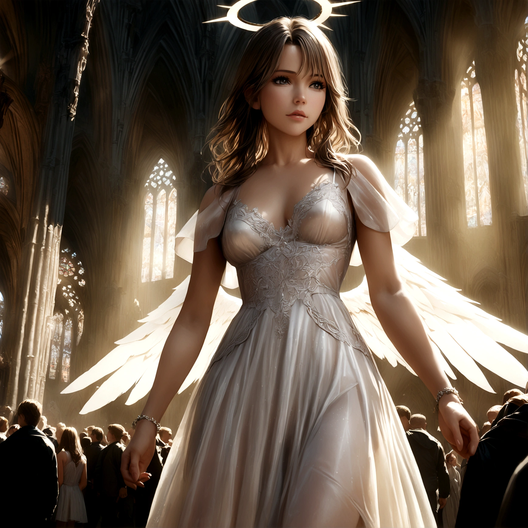 angel, Kate Beckinsale, age 25, platinum blonde hair, halo, large pair of white wings, sheer silk dress, holy corona, majestic pose, cathedral, crowded, intricate details, cinematic lighting, dramatic, photorealistic, 8k, masterpiece