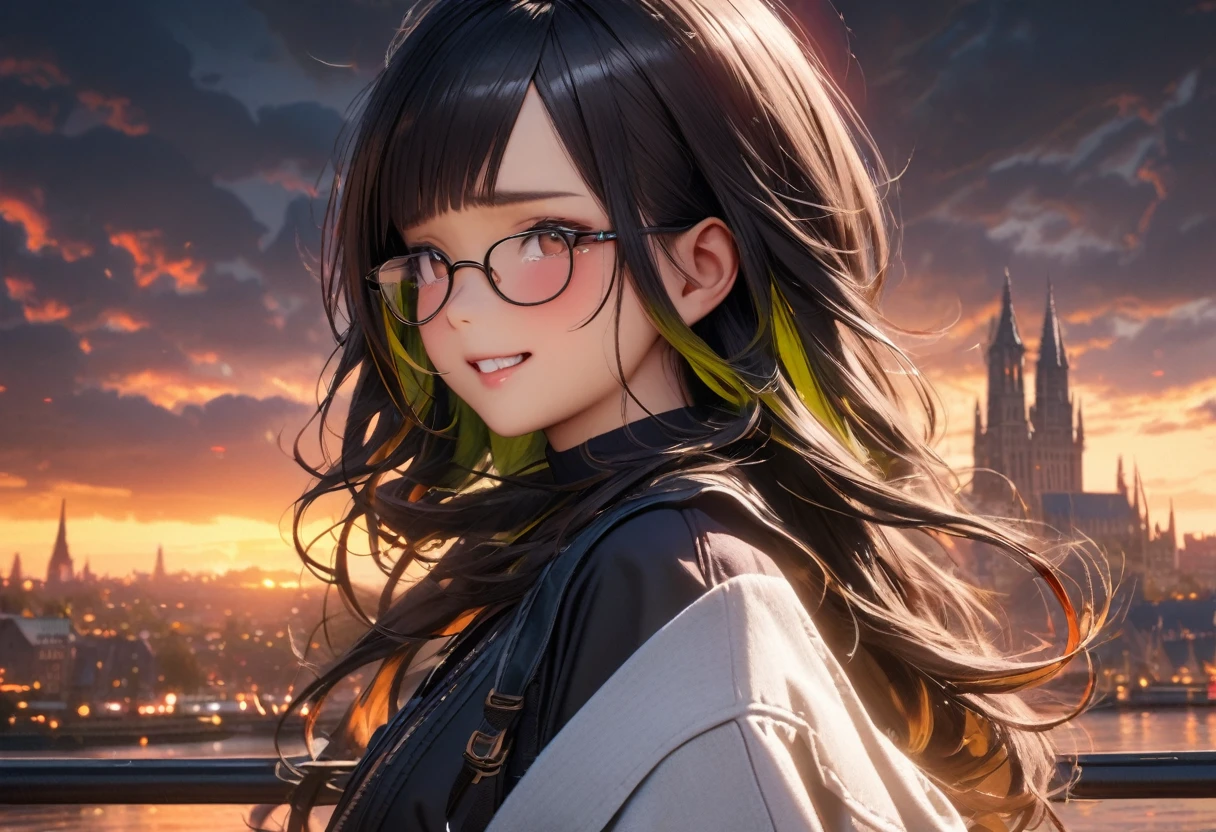(masterpiece, photo_real, official_art, octane-render):1.21, multi-exposure prism, strobe ripple effect, BREAK, Reunion of the three, (1 Japanese_male, 1 girl, and another 1girl):1.21, BREAK, 1 Japanese male is (dark tan skin:1.1), dark-skinned male, (Detailed brown eyes, glasses), (handsome face, with stubble):1.1, (Detailed black-hair, super very short hair, right flaring bangs:1.33), BREAK, 1 girl is (jet-black long hair, colored inner green hair, split-color hair):1.21, antenna hair, (tears, emphasis of facial expressions), BREAK, another 1 girl is (detailed brown eyes, jet-black hair,colored inner orange ombre hair multicolored hair):1.21, curly, smile, Brugge_cityscape_background,