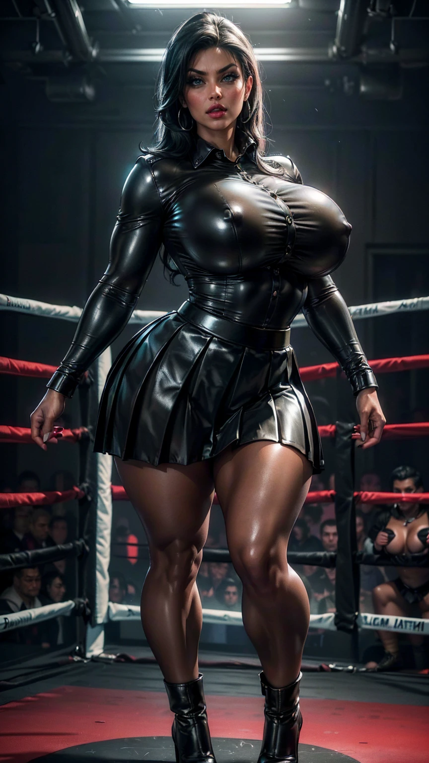 (best quality,highres:1.2), (ultra-detailed), (realistic:1.37), (HDR,UHD), (physically-based rendering), ((curvy thicc mature Denise Milani:1.2)), ((black leather long-sleeved formal army shirt, buttoned up:1.5)), ((long black leather pleated skirt:1.5)), ((cropped, straight jet-black hair:1.3)), (tiny waist), ((thicc, thick thighs:1.5)), ((beautiful large green eyes):1.3), (intimidating pose in a boxing ring), (full-body portrait), (vivid colors), (metallic textures), (hot red lips, makeup:1.3), sexy fighter, prominent breasts, rock solid breasts, missile shaped breasts that defy gravity, (full body portrait:1.3), detailed poking nipples, big_boltedontits, boltedontits, th3p1t, sakimichan,