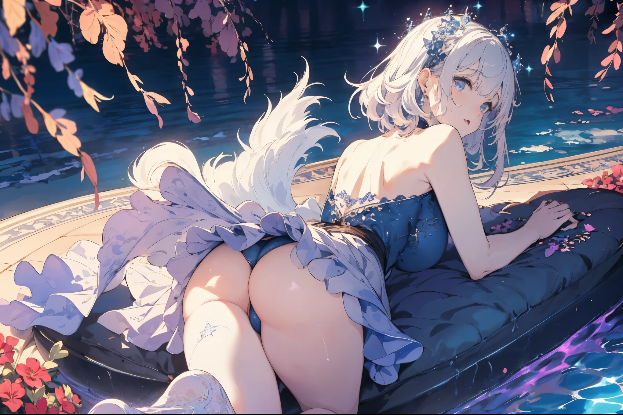 (ass from behind photo:1.1,doggy style, in blue marine:1.5), Masterpiece, best quality, (very detailed CG unity 8k wallpaper), (best quality), High definition RAW color art, Animation,sculptures, (pink Marble Skin), (((Ultra detailed elegant))), Magical atmosphere, Detailed skin, Texture,(Intricately detailed, Fine detail, ultra-detail art), depth of fields, bokeh, Silky Touch, Hyper Detail, beautiful eyes, Elegant Face, (lying on pool), sparkle background, (silver hair), pastel purple, fat, embarrassing red face, shorthair, dress, フリル