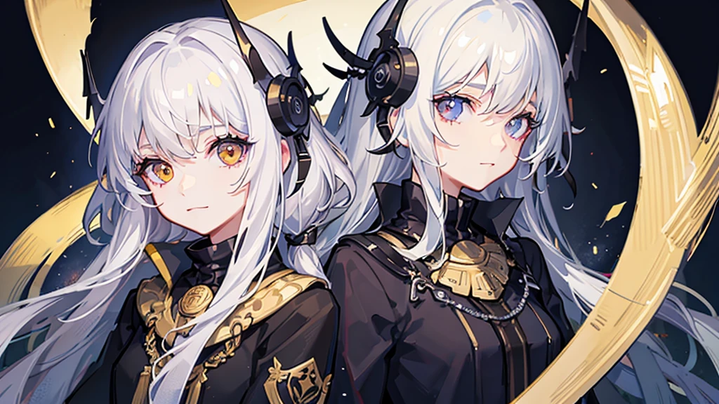 mksks-style, 1 Girl, Lovely, Surrounded by lights, Golden Eyes, White hair, black background, close up, No smile, masterpiece, Extremely detailed