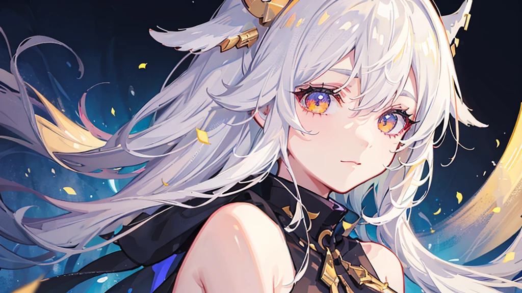 mksks-style, 1 Girl, Lovely, Surrounded by lights, Golden Eyes, White hair, black background, close up, No smile, masterpiece, Extremely detailed