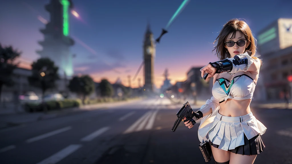 (aerial view). at night, futuristic sci-fi cyberpunk city, broad viaduct, skyscrapers at the end of the viaduct, the movie "13th Floor" style, (((((voltex-spirit-spreading giant clock tower as time machine))))), hq. Matrix style, at night, (1girl, solo), photo realistic, (large-breast:1.2 slim body, cleavage:1.3), (((tube top, extreamly short pleated (((miniskirt))) exposing panty))), (((((matrix style black sunglasses))))), (((((aiming at camera with a (short pistol)))))), (((half-body (thigh level) medium shot))), (cinematic lighting).