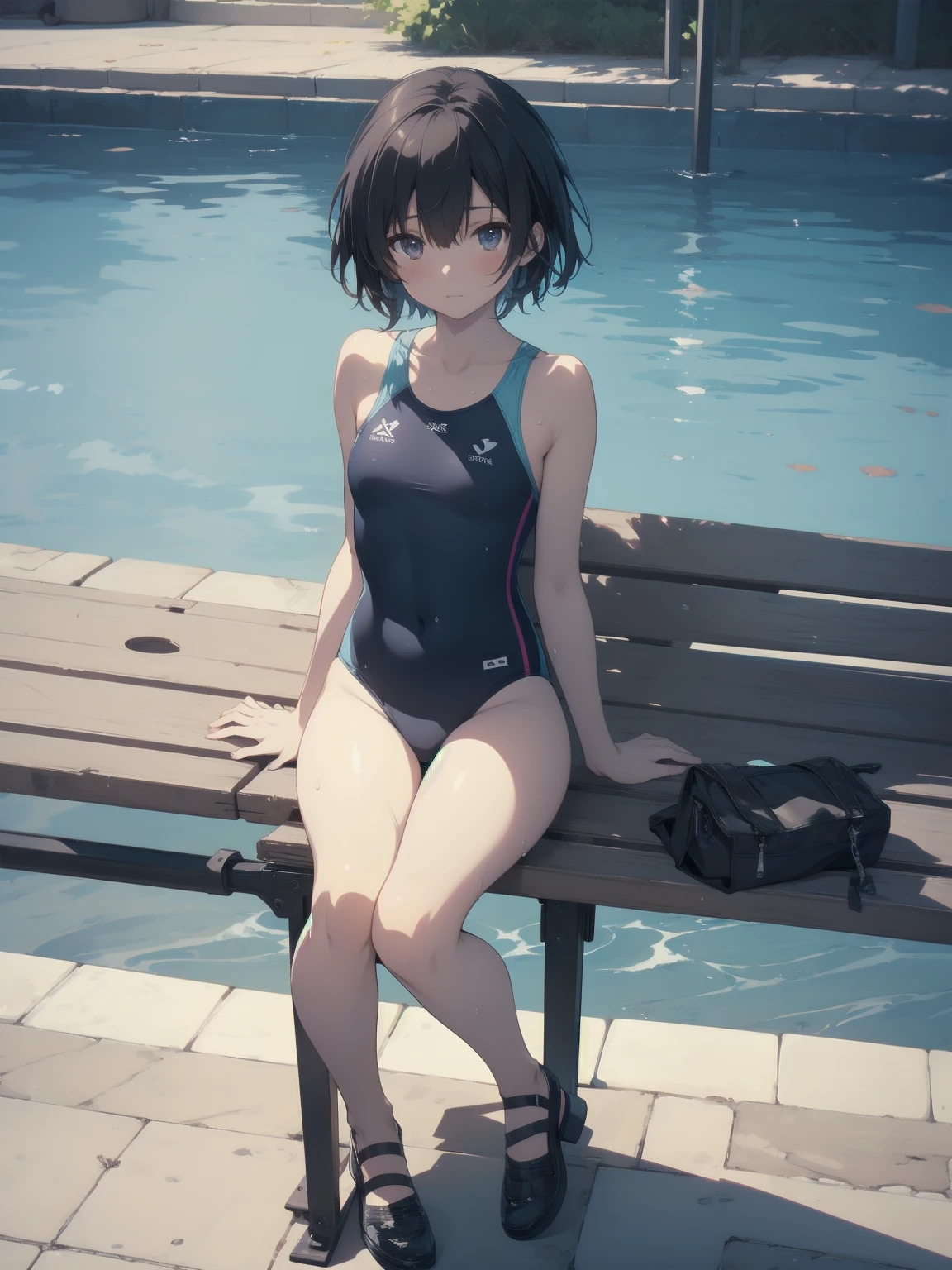 ultra-Top-quality by art God, ultra-detailed, high resolution, shinkai makoto style, anime moe artstyle, best anime 8k konachan wallpaper, pixiv contest winner, perfect anatomy, break,(Please draw a picture of a girl in a swimsuit sitting masturbation on a bench by the poolside alone.),break, a hyperrealistic school girl, (Solo,lolita, ???, 13-year-old:1.3),Full limbs, complete fingers, androgynous charm, (very short hair), wet hair, small breasts,slender body, Small butt, groin, Small black eyes,hanme,beautiful detailed eyes, well-proportioned iris and pupils, sleepy eyes, highres detailed hair, swimsuit, wet swimsuit, bare shoulders, thighs, pussy juice, masturbation, in the school pool. break,super detailed skin, shiny skin, Best lighting powered by famous artist, 8k, illustration,UHD, textured skin,break,((artist:toosaka_asagi )), artist:clamp ,artist:carnelian ,artist:kantoku ,