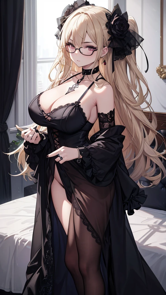 Create an art piece of a woman with a gothic aesthetic, set in a bedroom. She is wearing a black, intricate strappy outfit with a pentagram design on the chest and lace detailing on the waist, similar to the one in the first image. Her outfit includes a choker with a heart-shaped charm, a gothic bracelet, and a black ring. The woman's face has a fair complexion, dark lipstick, and dark, slightly arched eyebrows. She wears glasses with a black frame and has an overall expression of quiet confidence. Her hair is light blonde with darker roots, tied back in a casual yet stylish way. Details: Art Style: extremely detailed CG unity 8k wallpaper, best illustration, best shadow, absurdres, realistic lighting, beautiful detailed glow Setting: bedroom Outfit: strappy black outfit with pentagram design and lace detailing, gothic accessories (choker, bracelet, ring) Physical features: fair skin, dark lipstick, dark eyebrows, black frame glasses, light blonde hair with dark roots tied back, gothic aesthetic, curvy body, cute adorable face, seductive gaze Pose: full body picture, sexy, seductive, busty, thicc butt, great shading, shadows, detailed butt. The pose should match the one in the first image, highlighting her figure, with random sexy poses taken from random photo angles,