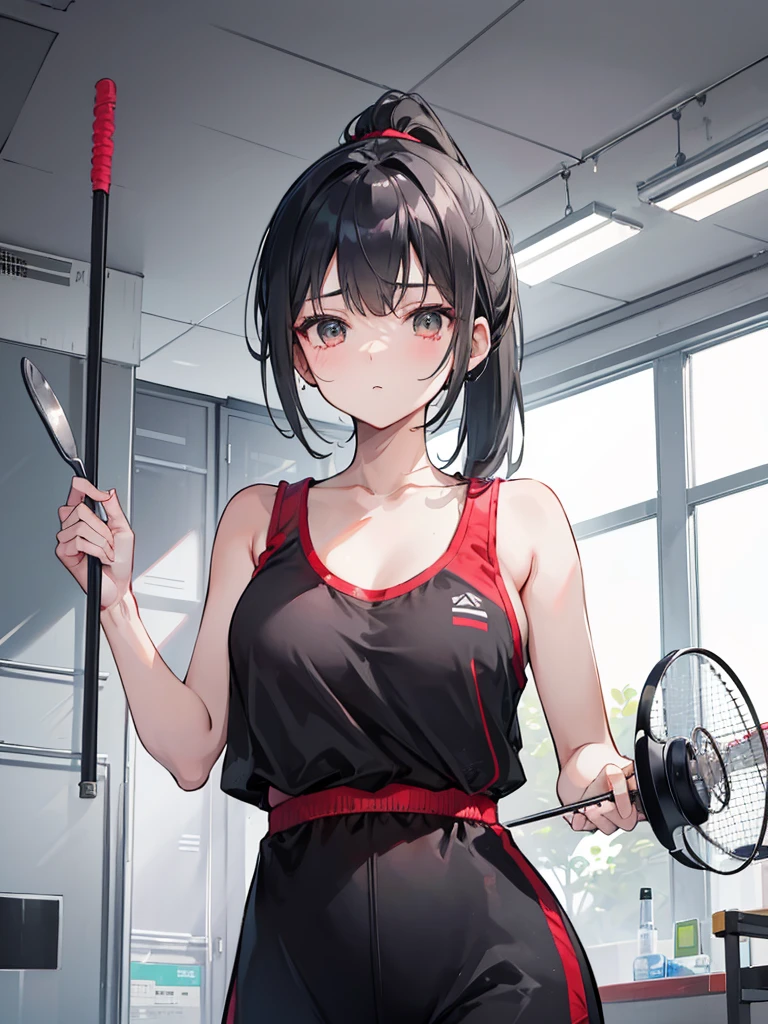 Short gray hair,Wearing a ponytail,Two strands of hair curtain,A spoon hanging on the chest,Girl with nice figure,cute,Wearing black lining,Red sportswear,Badminton racket in hand,A girl who is not very tall,In the gymnasium