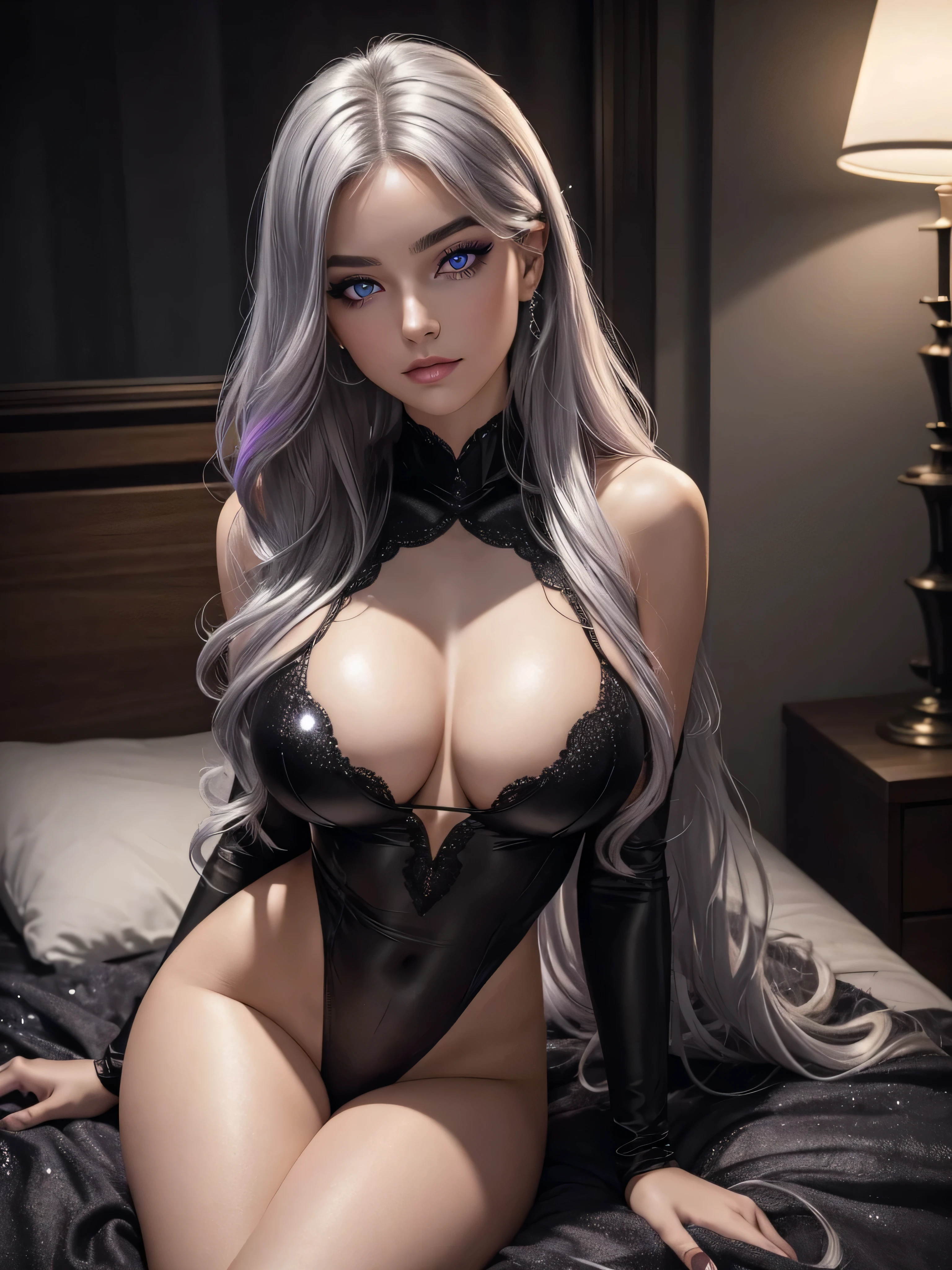 In a dimly lit bedroom with soft, warm lighting, a stunning young woman sits on the bed, her long wavy silver hair glistening in the glow. She wears a sparkling black bodysuit that seems to shimmer and shine like bioluminescent paint, matching the radiant violet hue of her eyes. Her expression is sultry, with mesmerizing eye contact that draws the viewer in. Her breasts are perfectly rounded, with a subtle sag that adds to their allure. As she kneels forward, her legs spread invitingly, showcasing her confidence and sex appeal. The watercolor-inspired hues on her skin blend seamlessly, creating a photorealistic effect that's almost too beautiful to be real. (Detailed eyes,Long eyelashes,Bright and colorful iris,Expressive eyebrows,Blend eyeshadow perfectly,Eyes sparkle,Reflective eyeballs, Heterochromia), Sexy cleavage