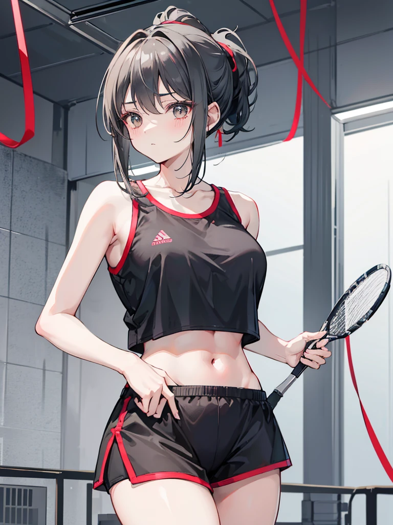 Gray short hair,Wearing a ponytail,Two strands of hair curtain,A spoon hanging on the chest,Girl with nice figure,cute,Wearing black lining,Red sportswear,Badminton racket in hand,A girl who is not very tall,In the gymnasium