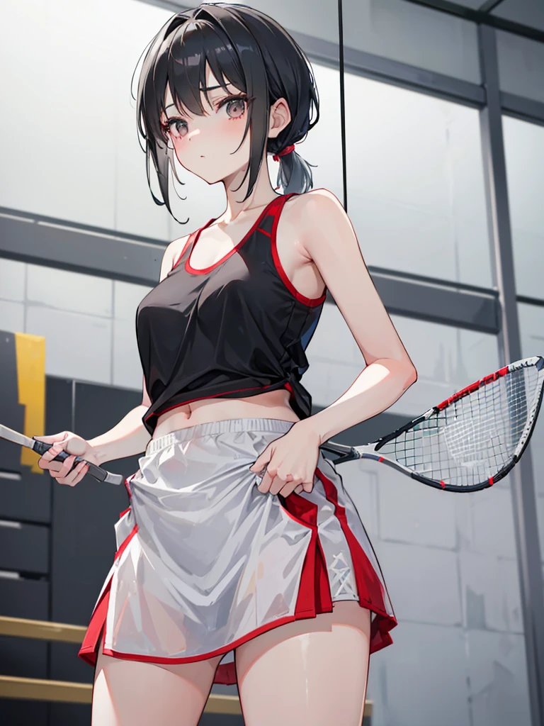 absurdres, RAW photo, extremely delicate and beautiful, masterpiece, Best Quality, ultra high resolution, 32k, hyperrealistic, ultra-detailed, in her 20s, delicate facial features, tearful mole, earring, medium breasts, full body shot, shorter middle hair, black hair, tennis uniform, shirt, shorts,