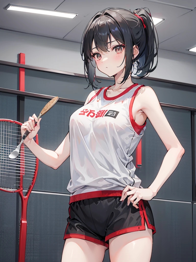 Gray short hair,Wearing a ponytail,Two strands of hair curtain,A spoon hanging on the chest,Girl with nice figure,cute,Wearing black lining,Red sportswear,Badminton racket in hand,A girl who is not very tall,In the gymnasium