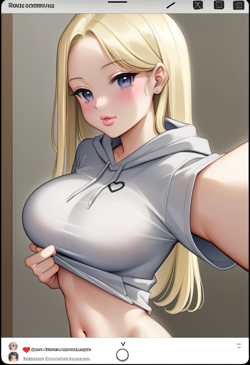 Une femme blonde de 23 ans, ((gros seins)), ((hyperréalisme)) ,. cheveux blonds avec des racines châtain clair. cheveux blond, Cheveux aux racines brunes, cheveux très longs, cheveux très longs, cheveux très longs, Beau, vue de face, selfie, photo prise avec iPhone, pull vert élégant, selfie sur le balcon, haute qualité, iPhone HD, seins énormes, Sourire timide, ultraHD,(( latin woman with french bulldog)) a beautiful body with big breast, long blonde hair, grey hoodie with beautiful honey-colored eyes, big lips, a Latin woman, big eyelashes professional make up, Très jolie, 20 ans, Instagram, influenceur, mignon, pose sexy, portant un hoodie décontracté dans son salon , haute résolution, Ultra-détaillé, , éclairage professionnel, faire la moue, expression maussade,