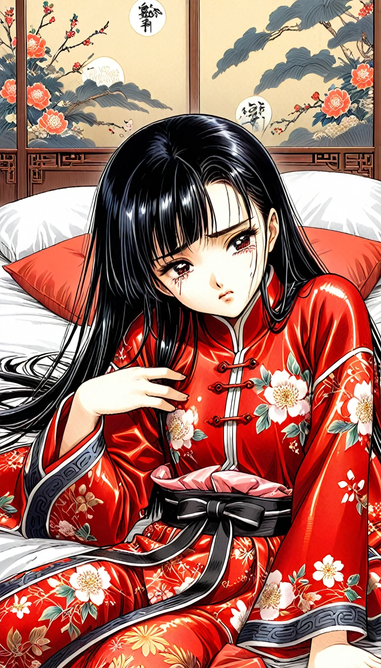 8k Tragic historical drama in live-action style: Beautiful palace secrets　Beautiful 10 year old Chinese Kung Fu princess with long black hair gets fingered hard　Gorgeous embroidery, Ultra glossy, She is wearing a shiny red top and bottom long sleeve floral pajama kung fu suit....　　She cries loudly, is made to lie on a floral futon, is fingered, and squirts