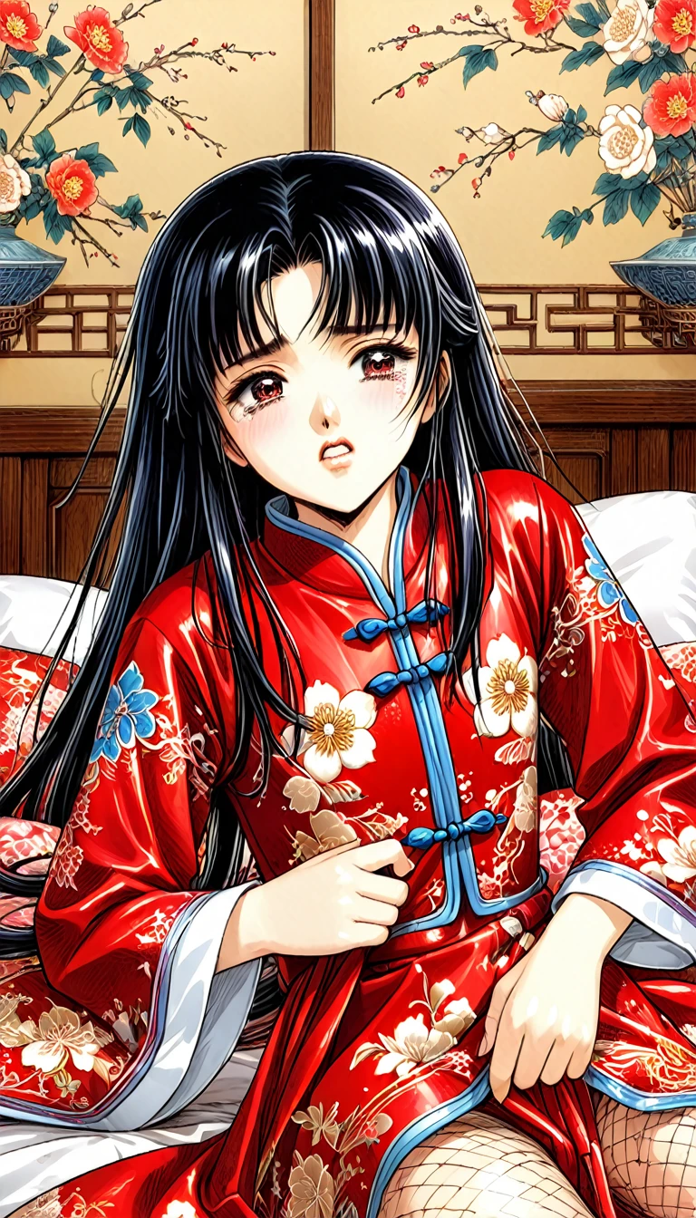 8k Tragic historical drama in live-action style: Beautiful palace secrets　Beautiful 10 year old Chinese Kung Fu princess with long black hair gets fingered hard　Gorgeous embroidery, Ultra glossy, She is wearing a shiny red top and bottom long sleeve floral pajama kung fu suit....　　She cries loudly, is made to lie on a floral futon, is fingered, and squirts