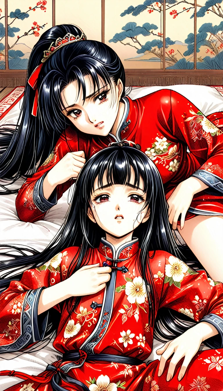 8k Tragic historical drama in live-action style: Beautiful palace secrets　Beautiful 10 year old Chinese Kung Fu princess with long black hair gets fingered hard　Gorgeous embroidery, Ultra glossy, She is wearing a shiny red top and bottom long sleeve floral pajama kung fu suit....　　She cries loudly, is made to lie on a floral futon, is fingered, and squirts