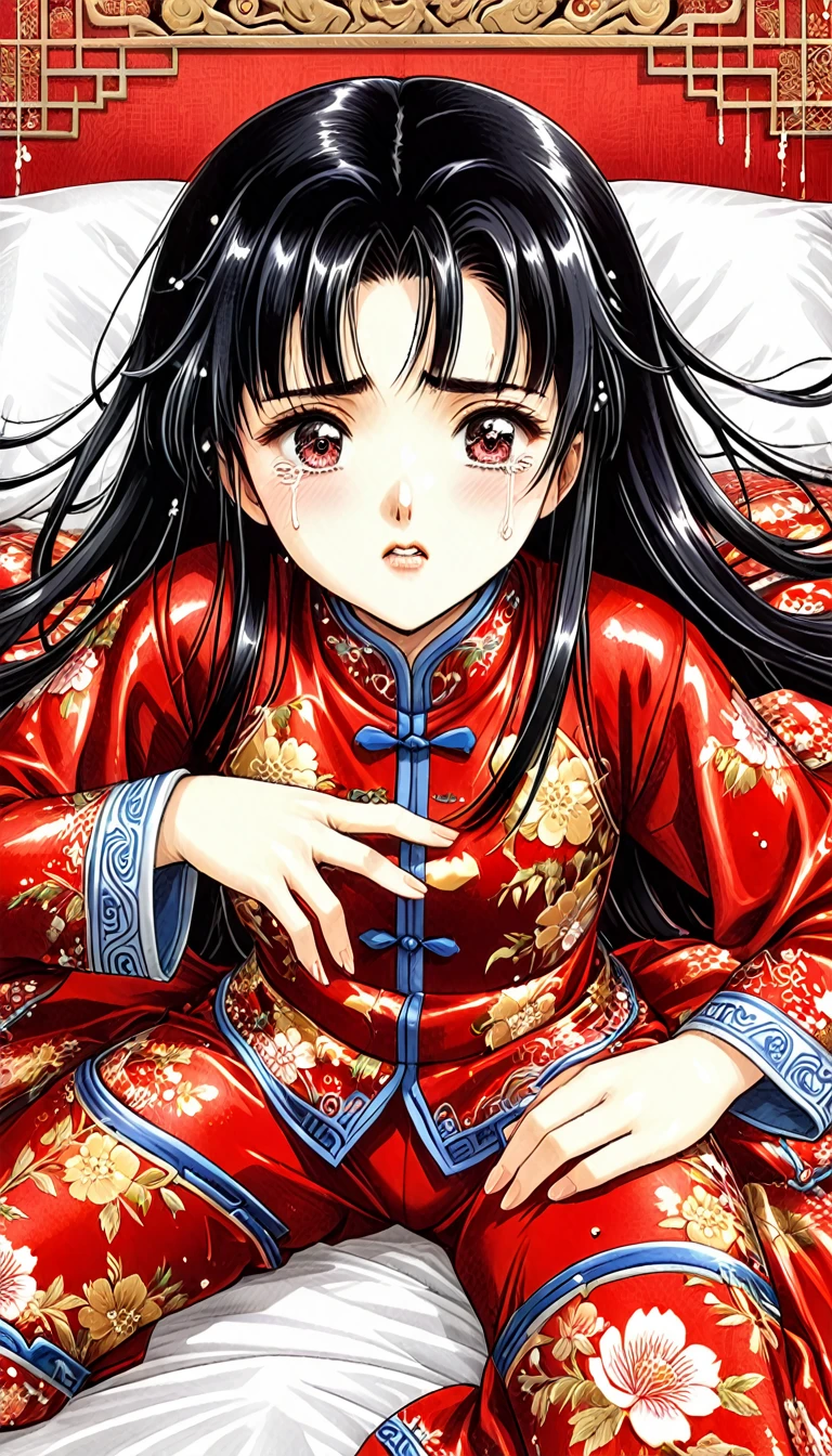 8k Tragic historical drama in live-action style: Beautiful palace secrets　Beautiful  Chinese Kung Fu princess with long black hair gets fingered hard　Gorgeous embroidery, Ultra glossy, She is wearing a shiny red top and bottom long sleeve floral pajama kung fu suit....　　She cries loudly, is made to lie on a floral futon, is fingered, and squirts