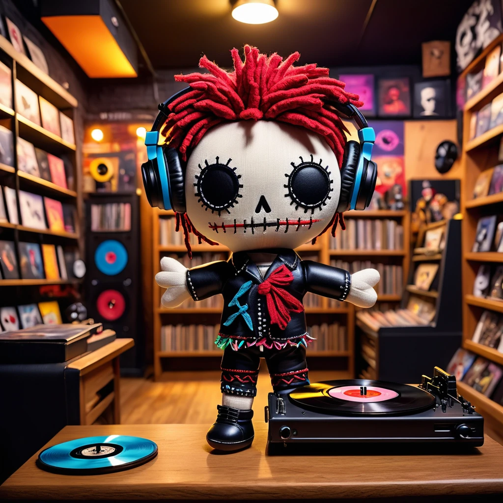 (knitted toy voodoo doll:1.5), (Voodoo in Vinyl Record Store:1.3), (Clothing: casual attire:1.0), (Accessories: vinyl records, headphones:1.1), (background: cozy record store with floating albums, glowing turntables, and music enthusiasts:1.2), best quality, masterpiece, detailed soft oil painting, detailed background, dramatic cinematic lighting, soft edge lighting, professional, dramatic lighting, hard edge lighting, ultra quality, 4k, masterpiece, best quality, 8k, ultra high definition, high resolution, extremely detailed
