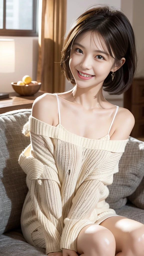 "prompt": "A woman with short black hair is sitting on a sofa, wearing a colorful off-shoulder knit that reaches her knees. She is radiating the best smile, exuding warmth and happiness. The scene is set in a cozy living room with soft lighting, highlighting her joyful expression. The knit is vibrant and detailed, adding a pop of color to the setting. The overall atmosphere is cheerful and inviting, capturing a moment of pure joy and comfort.",