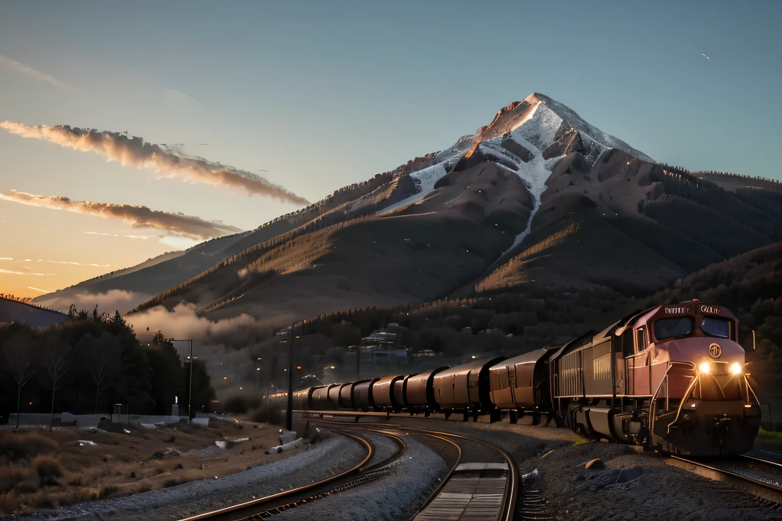 arafly freight train on the tracks with a mountain in the background, trains in the background, Rails, train, freight car on the railway, trains, Playground, Railway tracks, Zahari Zograf, high quality photo, 2717433015, Werner Gutzeit, At dusk, at dawn, early morning light, early morning