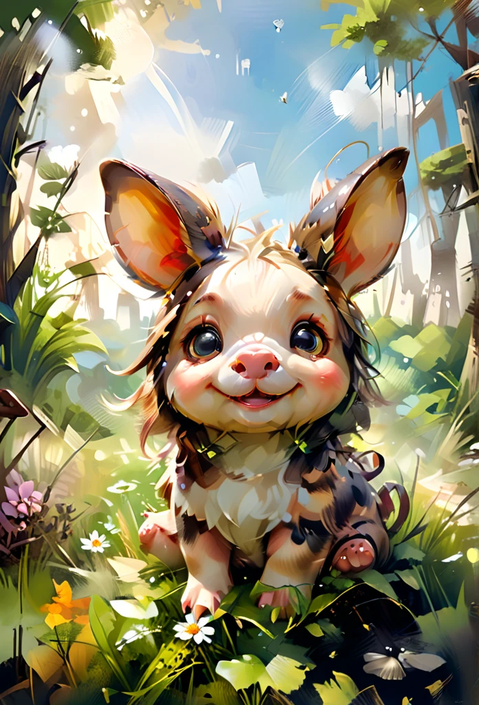 Masterpiece Illustration, high quality, high resolution 16k, a painting of a piggy with a smile on it's face and big ears sitting on a Sunny meadow, Smooth skin, (fisheye camera), funny cartoonish trend in Art Station, playful smile, 🍁 cute, inspired by Ruben Tam, very cute facial features, , small in size, long pointed ears, artistic style, oil and watercolor painting