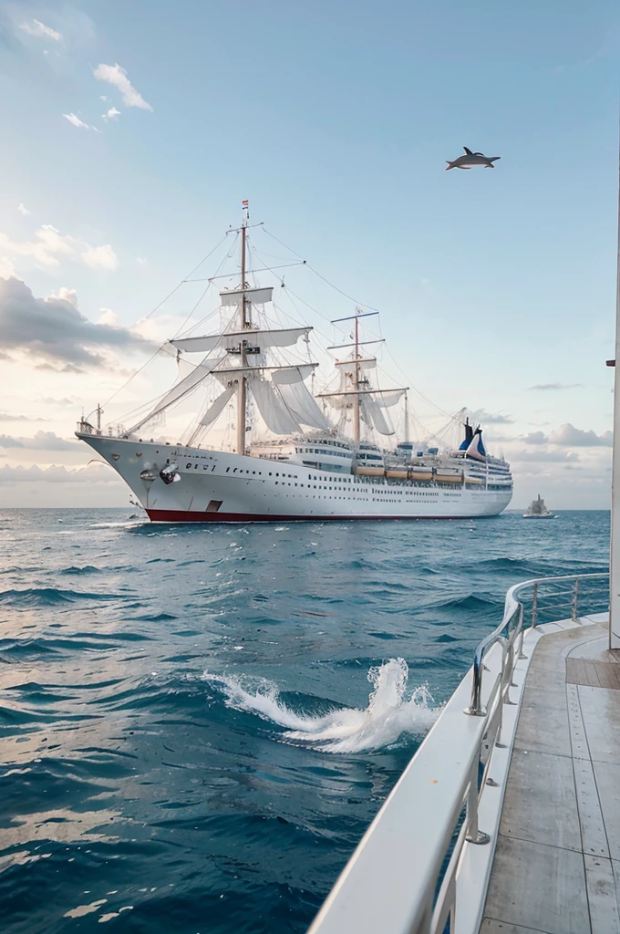 A snow-white passenger liner sails in the ocean. People watch dolphins on deck,accompanying the ship