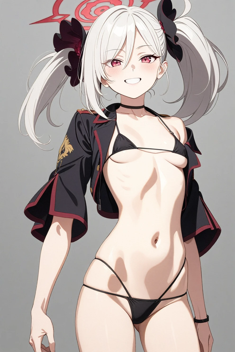 best quality, amazing quality, very aesthetic, absurdres, (1girl, mutsuki, blue archive, solo, red eyes, white hair, side ponytail), (artist official art:1.5), (realistic face:0.7), (grin, lowleg bikini, ), (cowboy shot), (), (half closed eyes:0.9), (thigh), perfect face, 4k, extremely detailed anime illustration, extremely detailed eyes, perfect anatomy, light rays, extremely delicate body, smooth skin, (gray background:1.5), clear eyes, beautiful face, small breasts, (Chiaroscuro:1.5),  (highres:2), cinematic