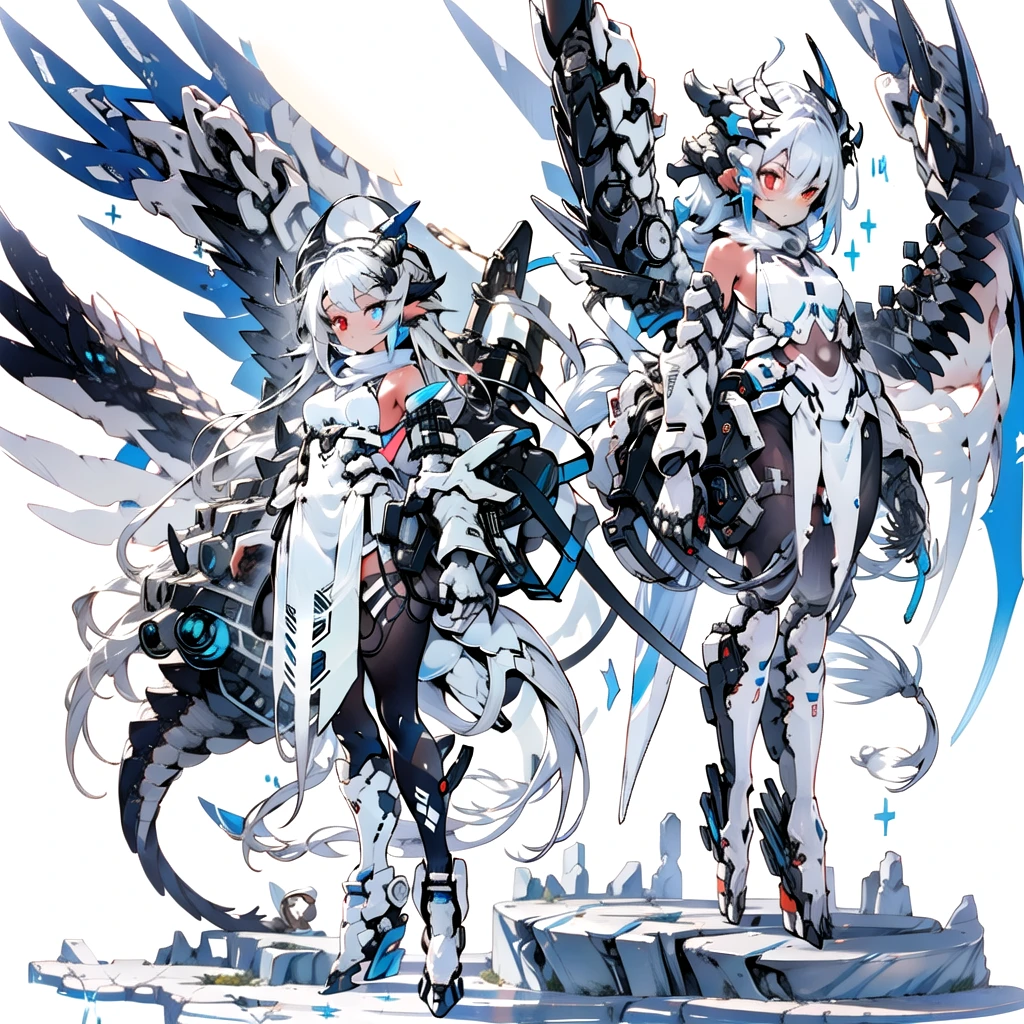 masterpiece, highest quality, highest resolution, clear_image, detailed details, White hair, long hair, cat ears, 1 girl, red eyes, white pantyhose, sci-fi dress, white scarf (white scarf around the neck with a light blue glow), gray futuristic halo (gray halo over the head), white wings (4 wings), cute, full body, no water marks, snow