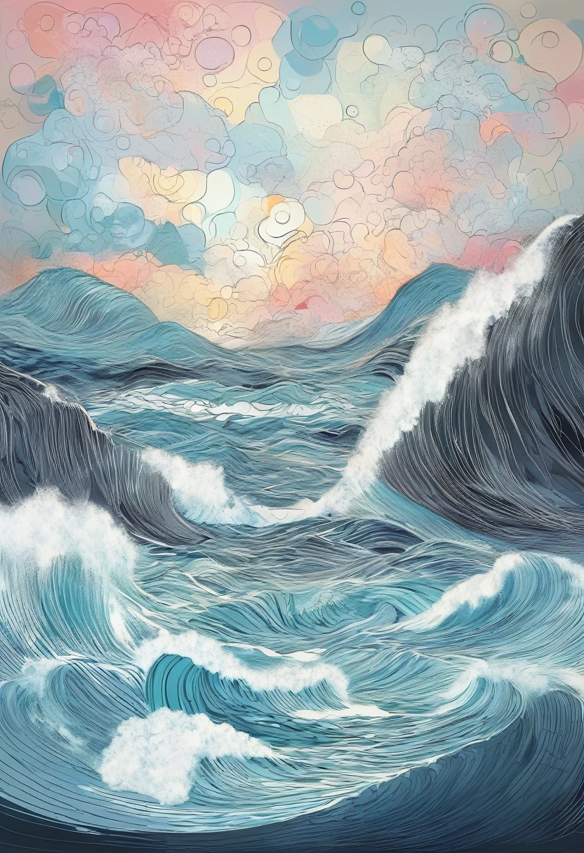 切り立った崖とshortageれた海のアート、shortage々Shii Wave、wave droplets、High cliffs、rock、Bubble、Cloudy、Thundercloud、lightning、Pastel Art Style