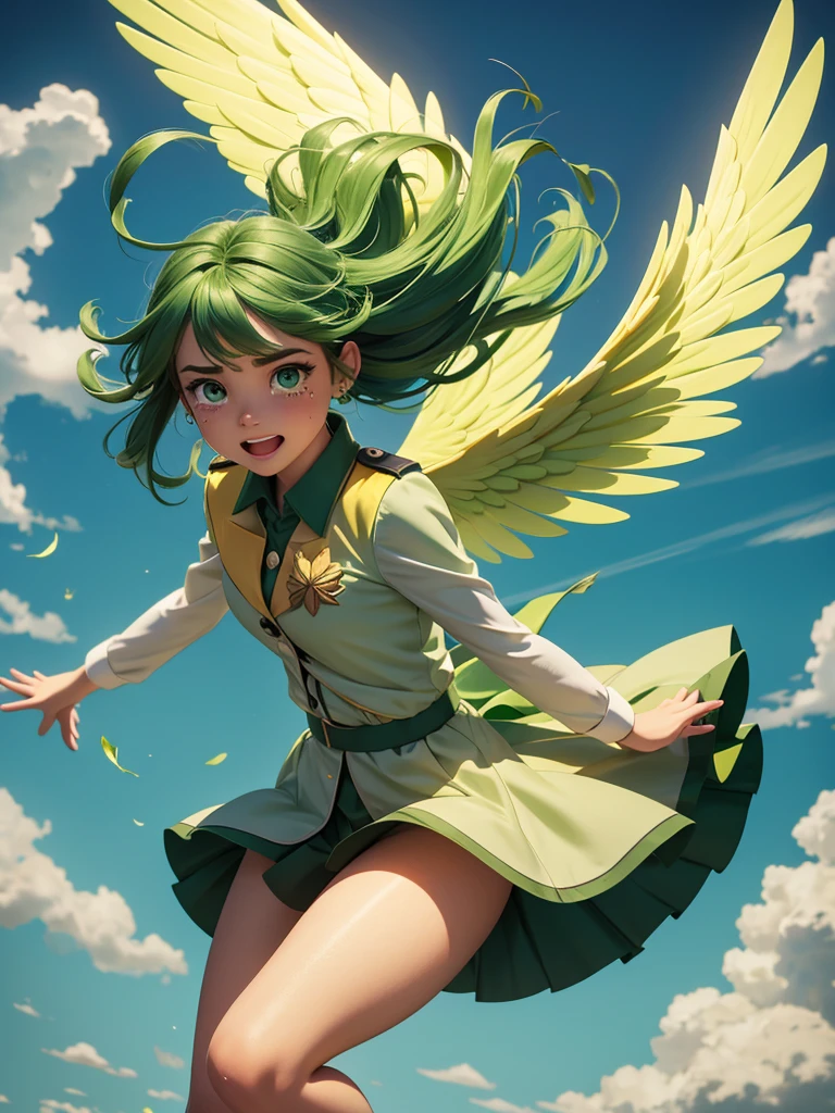 An angel girl with wings, flying, green hair, wind blowing, a frog being blown away by wind magic, a crying frog, wearing a uniform with green and gold lines