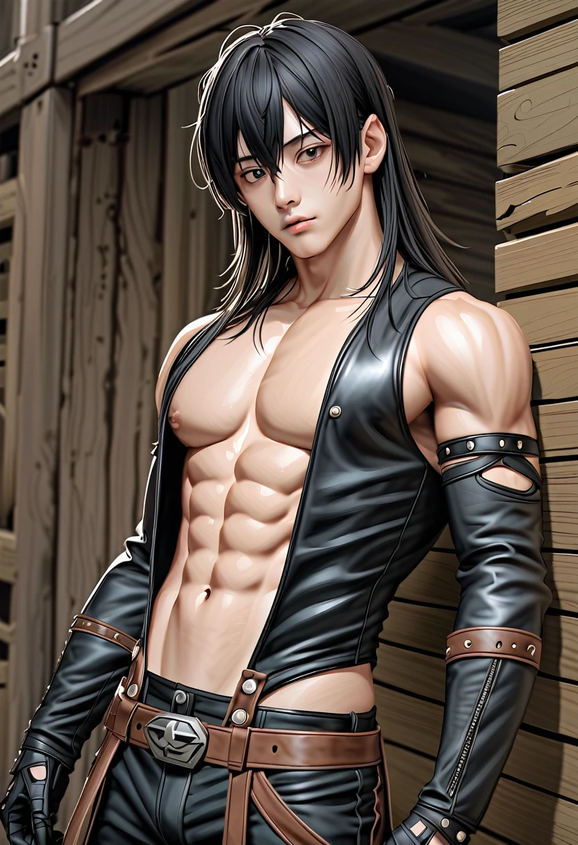 high quality, detailed, Realistic, (19 years old japanese idol wrestler boy), (detailed black eyes), (black short hair), (muscle:1.5), (dark skin),  dungeon, leather crossed harness, (leather tiny thongs), (bulge:1.2), candle, (detailed 
 puffy nipple), (detailed areola)