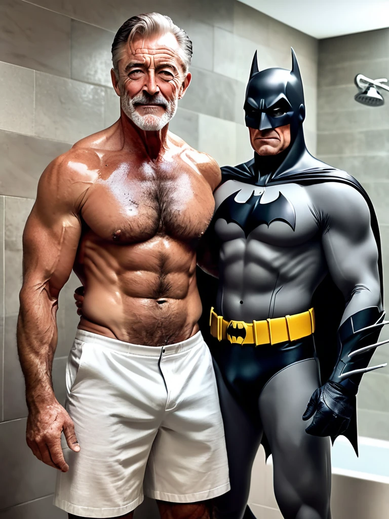 score_9, score_8_up, score_7_up, score_6_up, score_5_up, score_4_up , ,photo realistic,
Alfred (butler, intelligent, gentlemanly, slim, in his 60s) and Batman (hairy, muscular,handsome, tall, body covered in scars,30years old) wearing only a mask embrace each other in the shower in white briefs