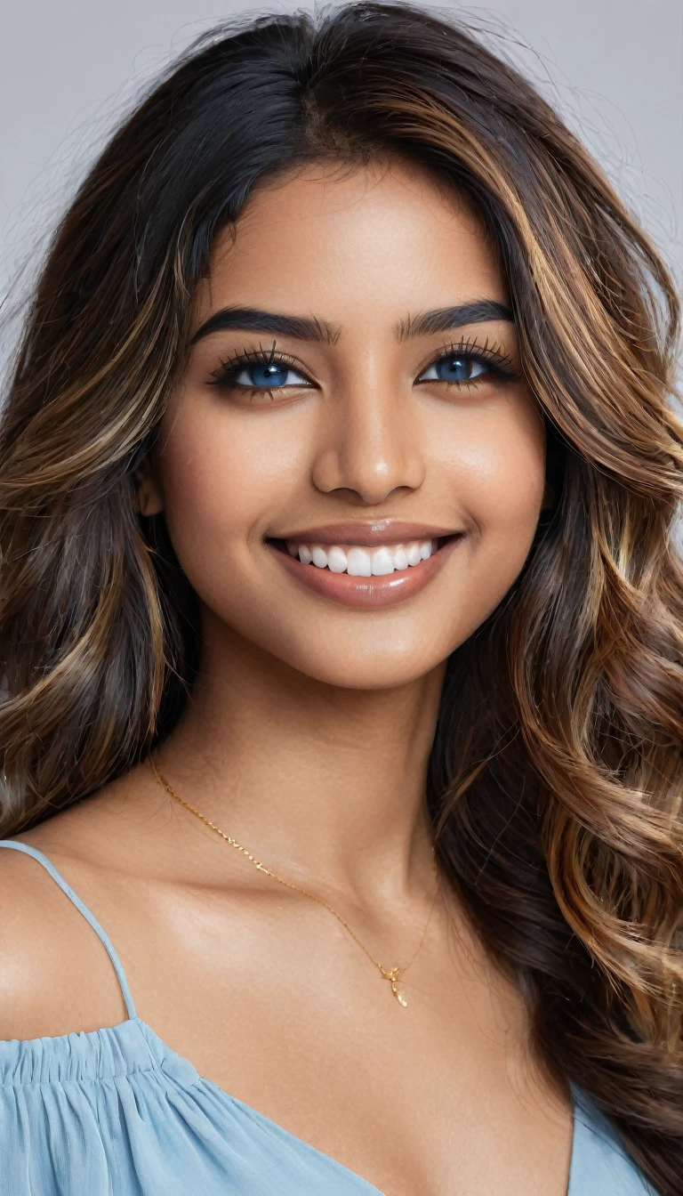 22 year old South Asian Latina woman with blue almond-shaped eyes, long dark lashes framing those eyes, and a warm inviting smile revealing perfect white teeth. Her light blue eyes are the point of attraction on her face. Her wheatish skin has a dark brown undertone. Healthy neck-length straight brown hair with golden highlights cascading down the ends, styled in a loose, voluminous wave. High cheekbones and a defined jawline frame her face, accentuated by natural day lighting illuminating her face and shoulders. Her slim figure is curvaceous with a slight hourglass shape, emphasizing her natural beauty.