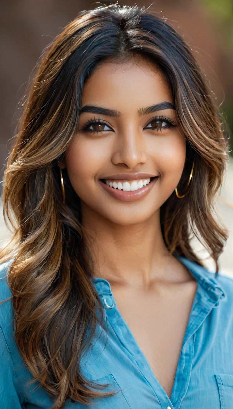 22 year old South Asian Latina woman with blue almond-shaped eyes, long dark lashes framing those eyes, and a warm inviting smile revealing perfect white teeth. Her light blue eyes are the point of attraction on her face. Her wheatish skin has a dark brown undertone. Healthy neck-length straight brown hair with golden highlights cascading down the ends, styled in a loose, voluminous wave. High cheekbones and a defined jawline frame her face, accentuated by natural day lighting illuminating her face and shoulders. Her slim figure is curvaceous with a slight hourglass shape, emphasizing her natural beauty.