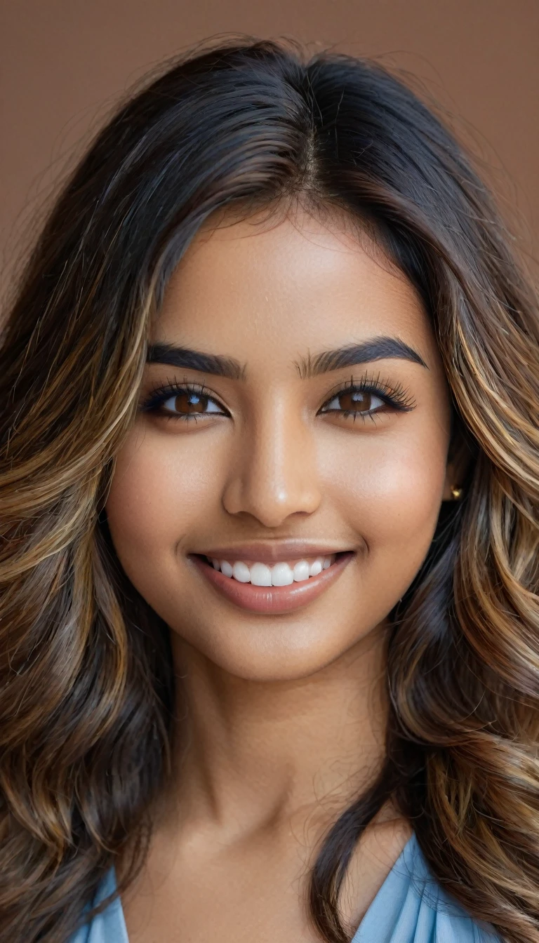 22 year old South Asian Latina woman with blue almond-shaped eyes, long dark lashes framing those eyes, and a warm inviting smile revealing perfect white teeth. Her light blue eyes are the point of attraction on her face. Her wheatish skin has a dark brown undertone. Healthy neck-length straight brown hair with golden highlights cascading down the ends, styled in a loose, voluminous wave. High cheekbones and a defined jawline frame her face, accentuated by natural day lighting illuminating her face and shoulders. Her slim figure is curvaceous with a slight hourglass shape, emphasizing her natural beauty.