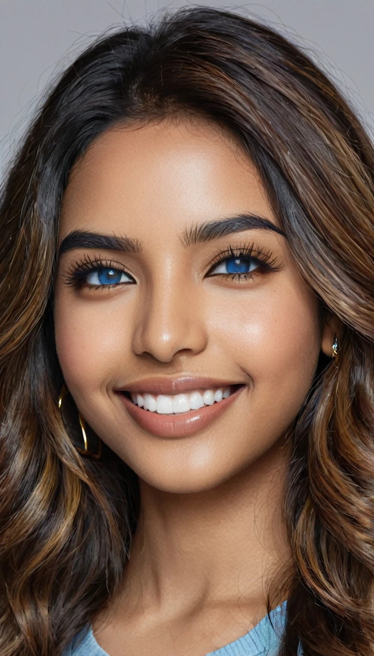 22 year old South Asian Latina woman with blue almond-shaped eyes, long dark lashes framing those eyes, and a warm inviting smile revealing perfect white teeth. Her light blue eyes are the point of attraction on her face. Her wheatish skin has a dark brown undertone. Healthy neck-length straight brown hair with golden highlights cascading down the ends, styled in a loose, voluminous wave. High cheekbones and a defined jawline frame her face, accentuated by natural day lighting illuminating her face and shoulders. Her slim figure is curvaceous with a slight hourglass shape, emphasizing her natural beauty.