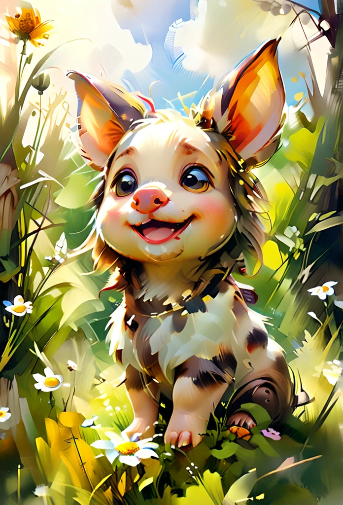 Masterpiece Illustration, high quality, high resolution 16k, a painting of a piggy with a smile on it's face and big ears sitting on a Sunny meadow, Smooth skin, (fisheye camera), funny cartoonish trend in Art Station, playful smile, 🍁 cute, inspired by Ruben Tam, very cute facial features, , small in size, long pointed ears, artistic style, oil and watercolor painting