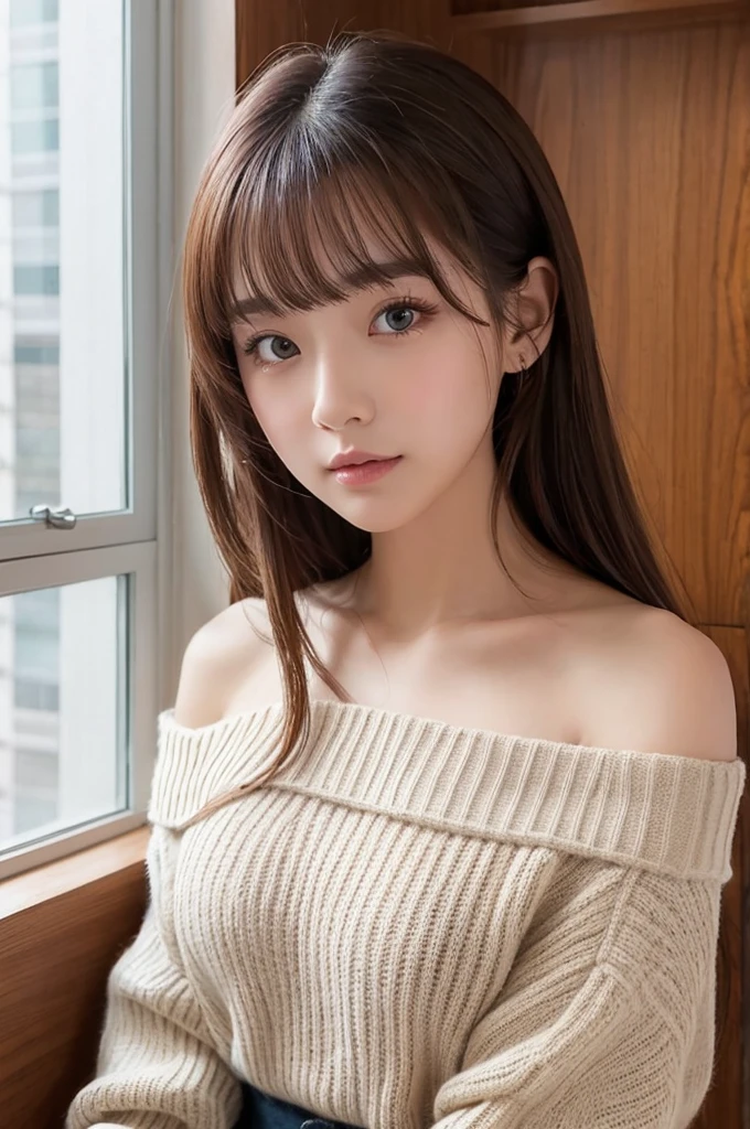 ((Highest quality)), ((masterpiece)), (detailed), One girl, Off-the-shoulder sweater, anime