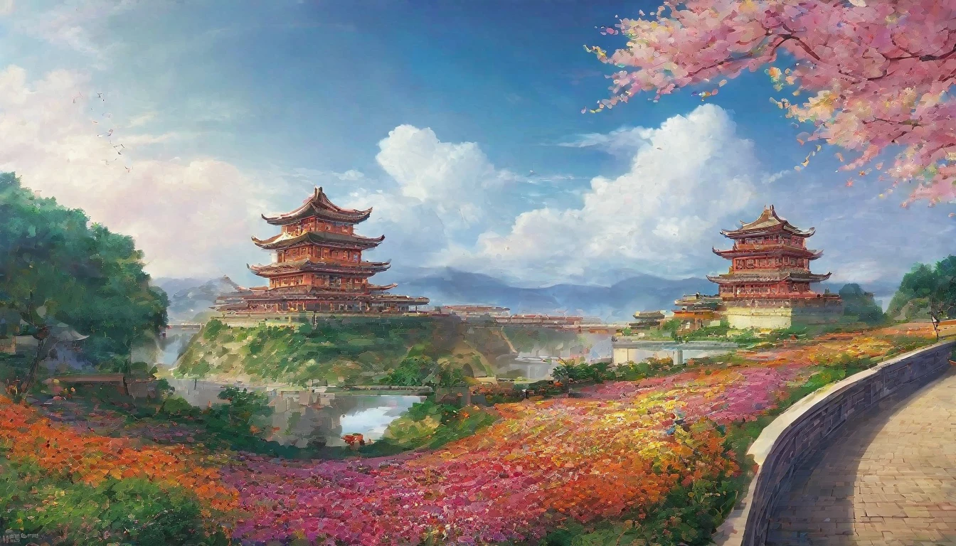 Under the clear blue sky、Fantasy scene of a colorful flower field spreading all over。The city floats in the air、Fluorescent flowers々Shines、The path leads to a magnificent walled city in the distance. A walled city of brick stands tall in the distance.、Its magnificent appearance stands out against the blue sky。Fluffy white clouds float in the sky、It adds a calm and dreamy element to the overall landscape.。Humans don't exist、Only the magnificent landscapes and impressive cities above are depicted.。