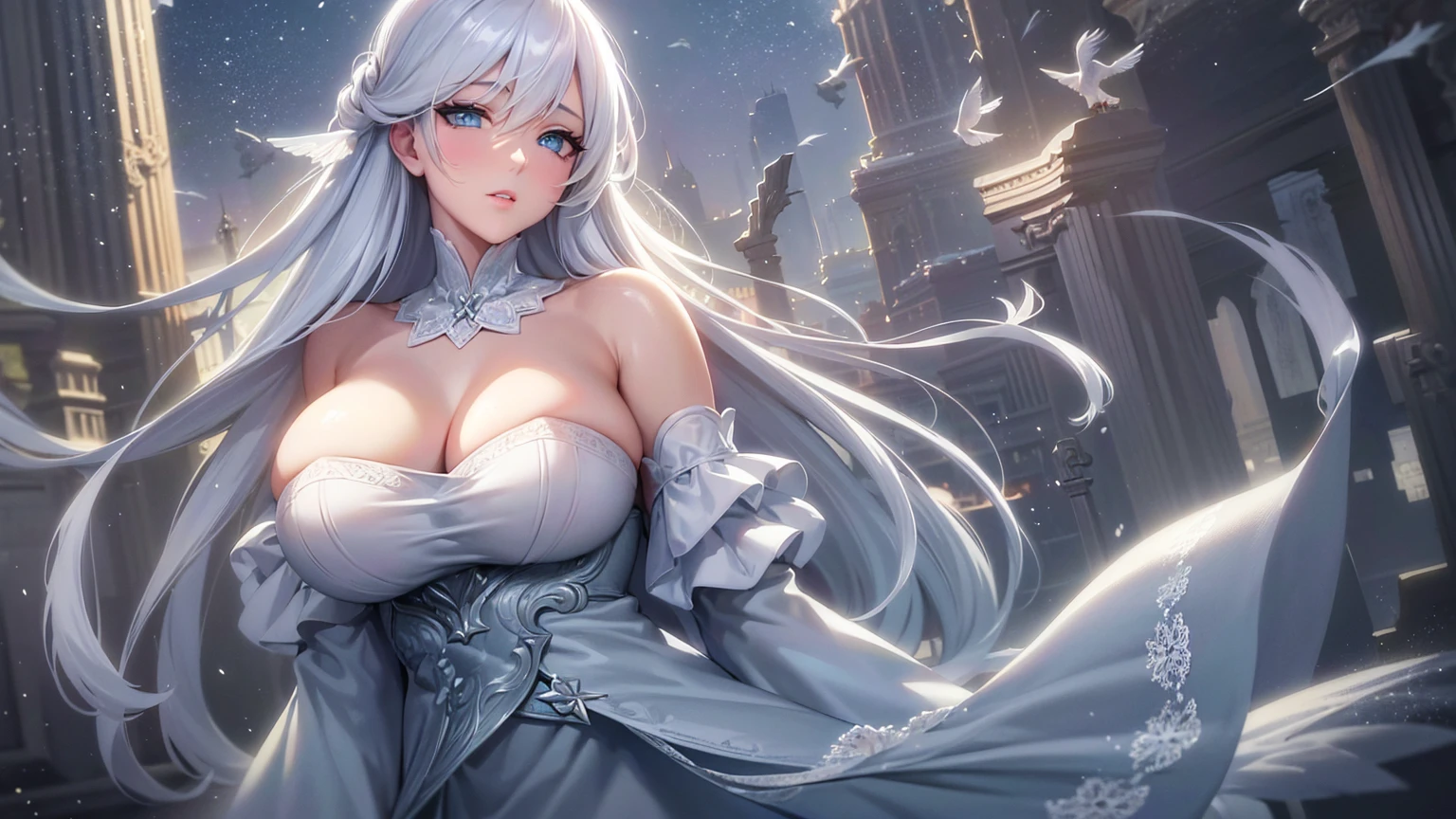 "1 29 years old fully clothed beautiful angel mother with long white hairs and 2 beautifull white angelic wings, european face, praying, white clothes, large hips, big , white doves, doves in the background, serene and peaceful expression"((day:1.5)),outdoors, ((extremely detailed background)), ice particles, snowing, destroyed buildings, standing, facing viewer,action pose, detached sleeves, between eyes, 1girl, solo,Beautiful Finger,Beautiful body,Beautiful Nose, perfect face,(mature:1.1),(milf:1.1),(mature female:1.3),make up,parted lips,(shiny skin:1.3),(perfect female body:1.2),(gorgeous detailed skin),(detailed hair), masterpiece, high quality, highres, absurdres,(beautiful and aesthetic:1.2), beautiful hand, 4k, 8k, perfect balance, detailed aqua eyes, perfect eyes, expressive eyes, looking at viewer, expressionless, ray_tracing,intricate details,depth of field, extremely delicate and beautiful, (Beautiful,), (beautiful_face:1.5),beautiful scenery, natural environment, idyllic setting, (best quality,4k,8k,highres,masterpiece:1.2),ultra-detailed,(realistic,photorealistic,photo-realistic:1.37),landscape,vibrant colors,soft lighting,natural lighting
