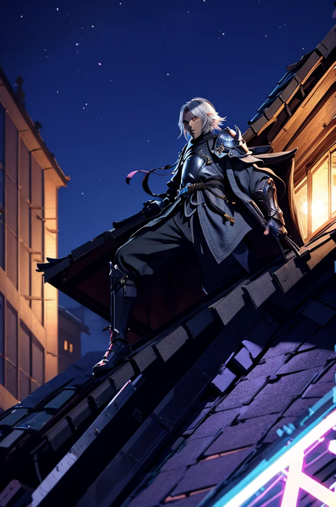 cool knight somurai on the roof of a building at night
