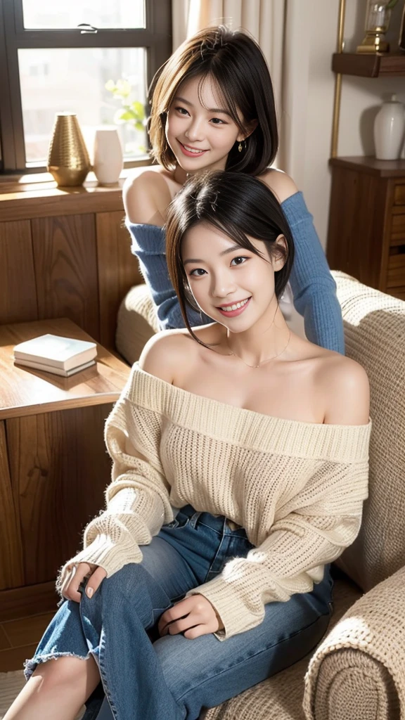 "prompt": "A woman with short black hair is sitting on a sofa, wearing a colorful off-shoulder knit that reaches her knees. She is radiating the best smile, exuding warmth and happiness. The scene is set in a cozy living room with soft lighting, highlighting her joyful expression. The knit is vibrant and detailed, adding a pop of color to the setting. The overall atmosphere is cheerful and inviting, capturing a moment of pure joy and comfort.",