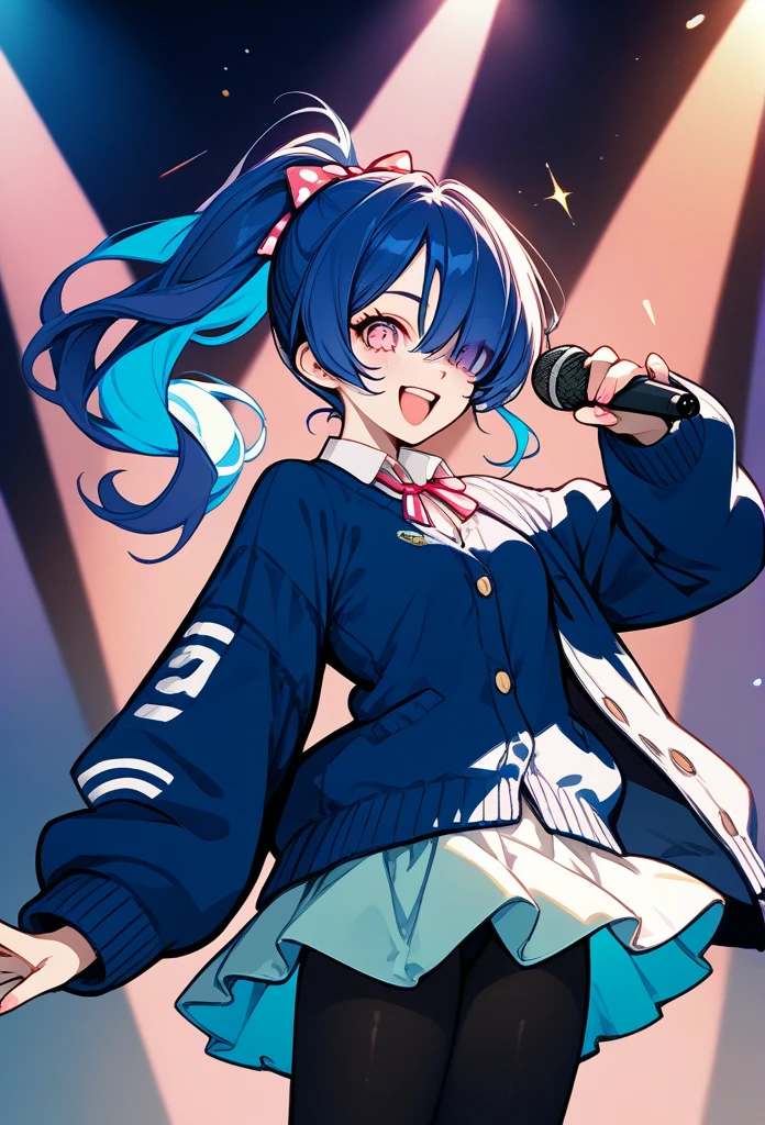 mature woman, mature face, pink eyes, excited expression, excited face, wide smile, glossy lips, ponytail hair, (blue hair color, pink gradient hair color, azure color hair), bangs covering left eye, left blinding bangs hairstyle, mature body, small breasts, dark blue cardigan, short skirt, navy color skirt, pantyhose, idol, stage, holding microphone, (idol pose)