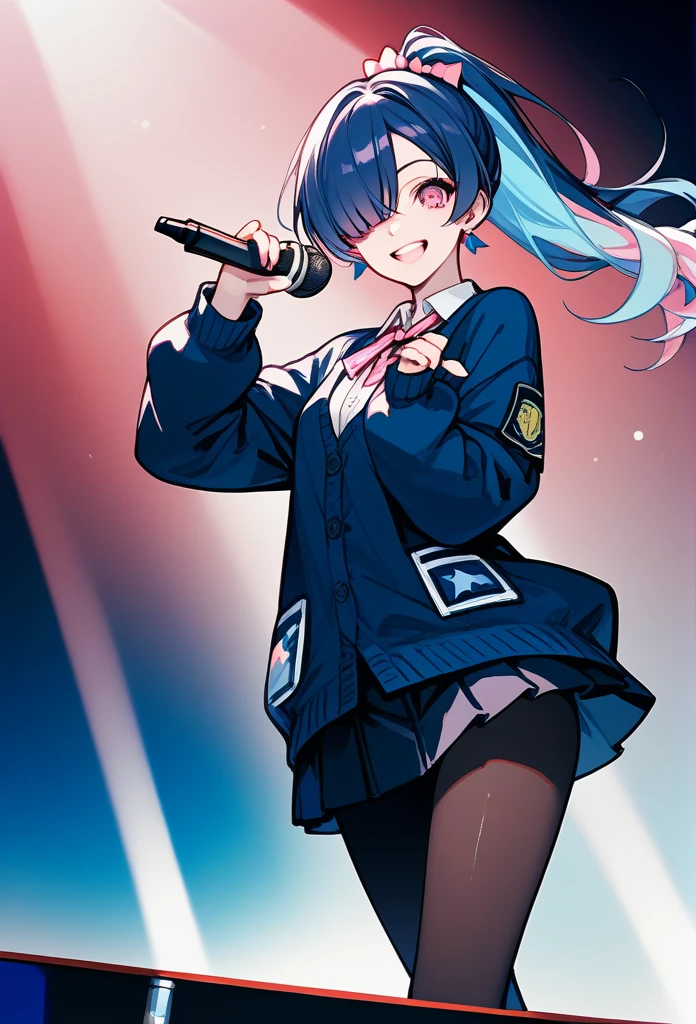 mature woman, mature face, pink eyes, excited expression, excited face, wide smile, glossy lips, ponytail hair, (blue hair color, pink gradient hair color, azure color hair), bangs covering left eye, left blinding bangs hairstyle, mature body, small breasts, dark blue cardigan, short skirt, navy color skirt, pantyhose, idol, stage, holding microphone, (idol pose) 