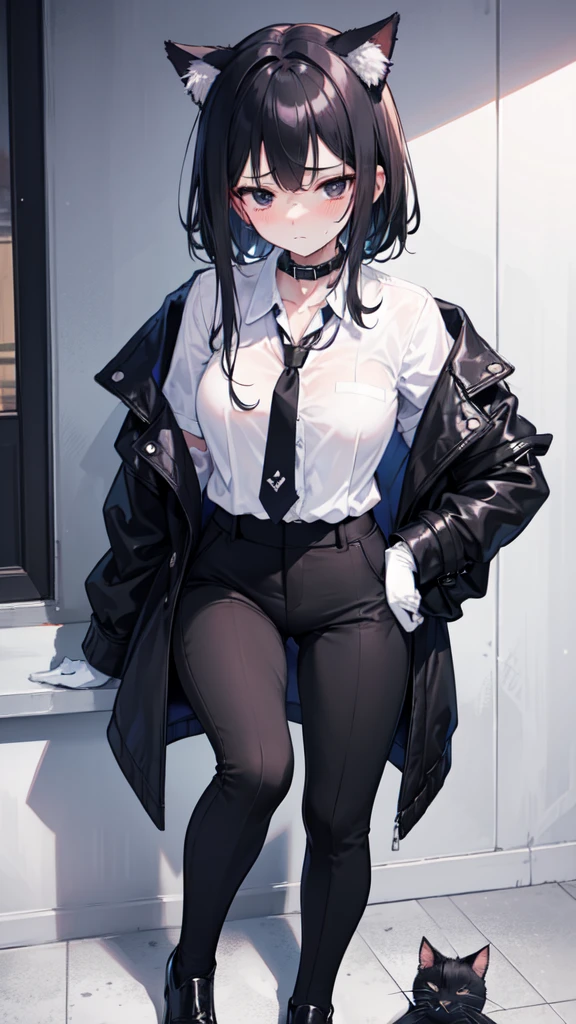 18-year-old girl，cute，Wear a white long-sleeved shirt and a black jacket and a black work tie，Wear black trousers，Wear black booties，Wear white gloves，wear cat ear，Wearing a collar，Black hair，Black eyes，Very thin waist，Very thin legs，Handsome，Disdainful and cold expression，shy，blush，scared，Sweating，tired，pornography，porn action，4k resolution，Top quality