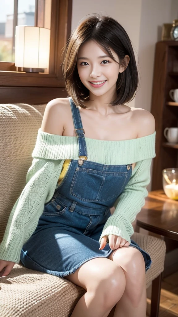 "prompt": "A woman with short black hair is sitting on a sofa, wearing a colorful off-shoulder knit that reaches her knees. She is radiating the best smile, exuding warmth and happiness. The scene is set in a cozy living room with soft lighting, highlighting her joyful expression. The knit is vibrant and detailed, adding a pop of color to the setting. The overall atmosphere is cheerful and inviting, capturing a moment of pure joy and comfort.",