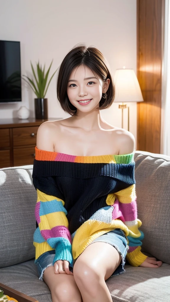 "prompt": "A woman with short black hair is sitting on a sofa, wearing a colorful off-shoulder knit that reaches her knees. She is radiating the best smile, exuding warmth and happiness. The scene is set in a cozy living room with soft lighting, highlighting her joyful expression. The knit is vibrant and detailed, adding a pop of color to the setting. The overall atmosphere is cheerful and inviting, capturing a moment of pure joy and comfort.",