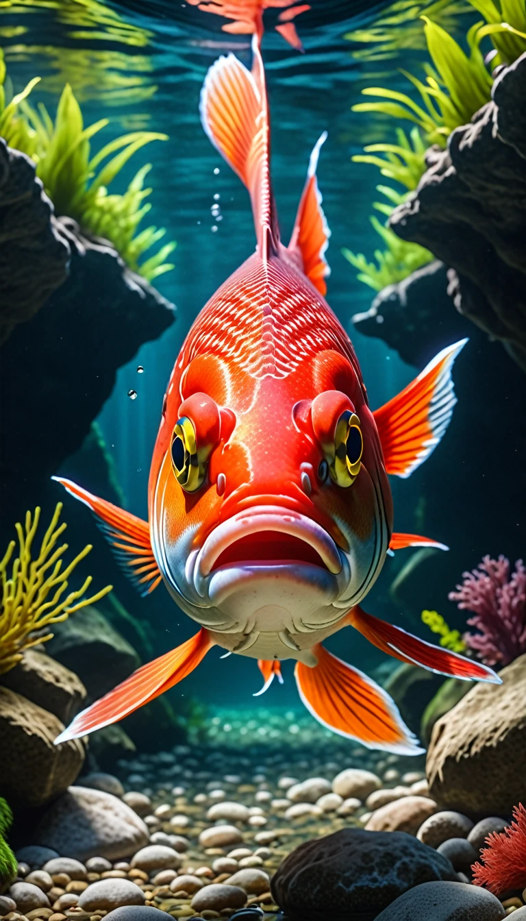 Front view，A red fish under the river, (best quality，4K，8K，High level，masterpiece：1.2），Ultra Detailed，（lifelike，Photo real，Photo real：1.37），Highly detailed animals，Complex patterns，Realistic lighting，Fantasy Creatures