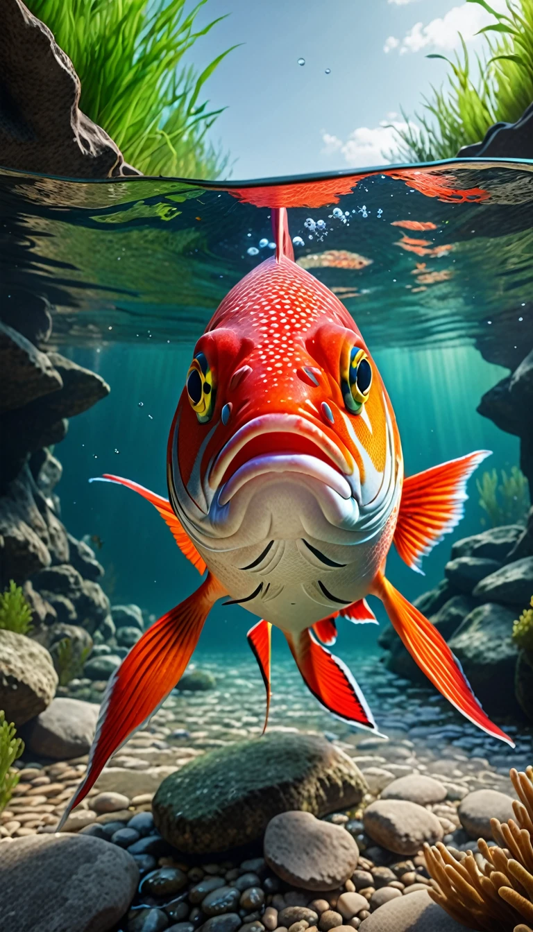 Front view，A red fish under the river, (best quality，4K，8K，High level，masterpiece：1.2），Ultra Detailed，（lifelike，Photo real，Photo real：1.37），Highly detailed animals，Complex patterns，Realistic lighting，Fantasy Creatures